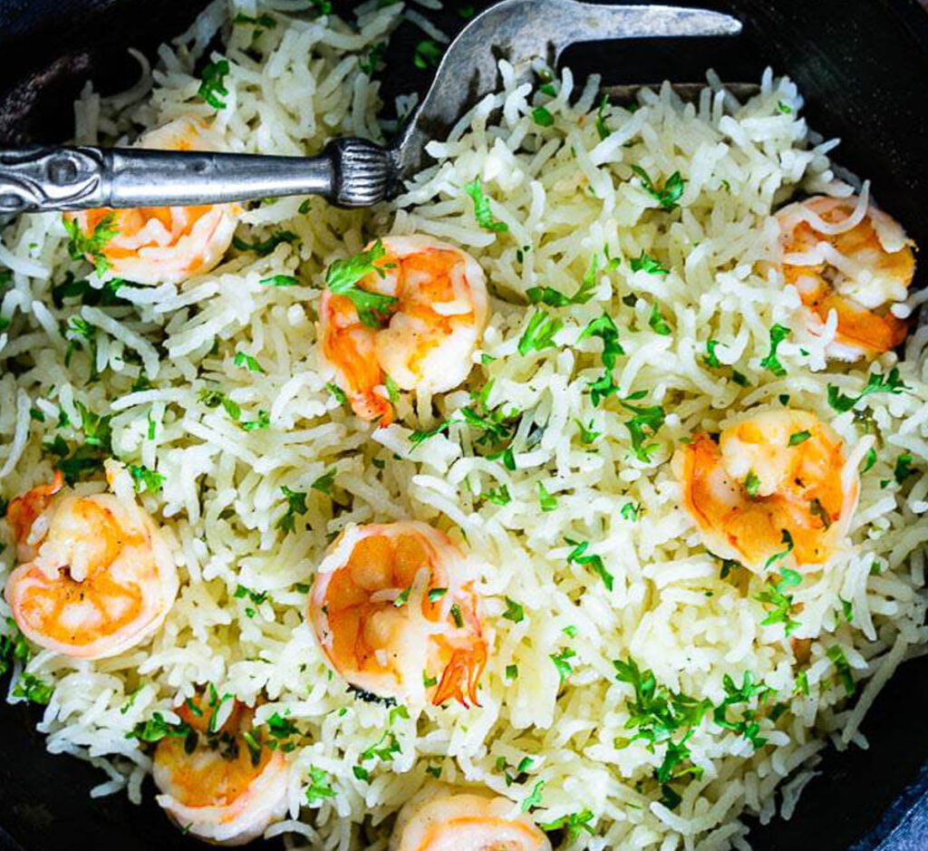 Arroz Basmati com Camarão e Manteiga de Alho