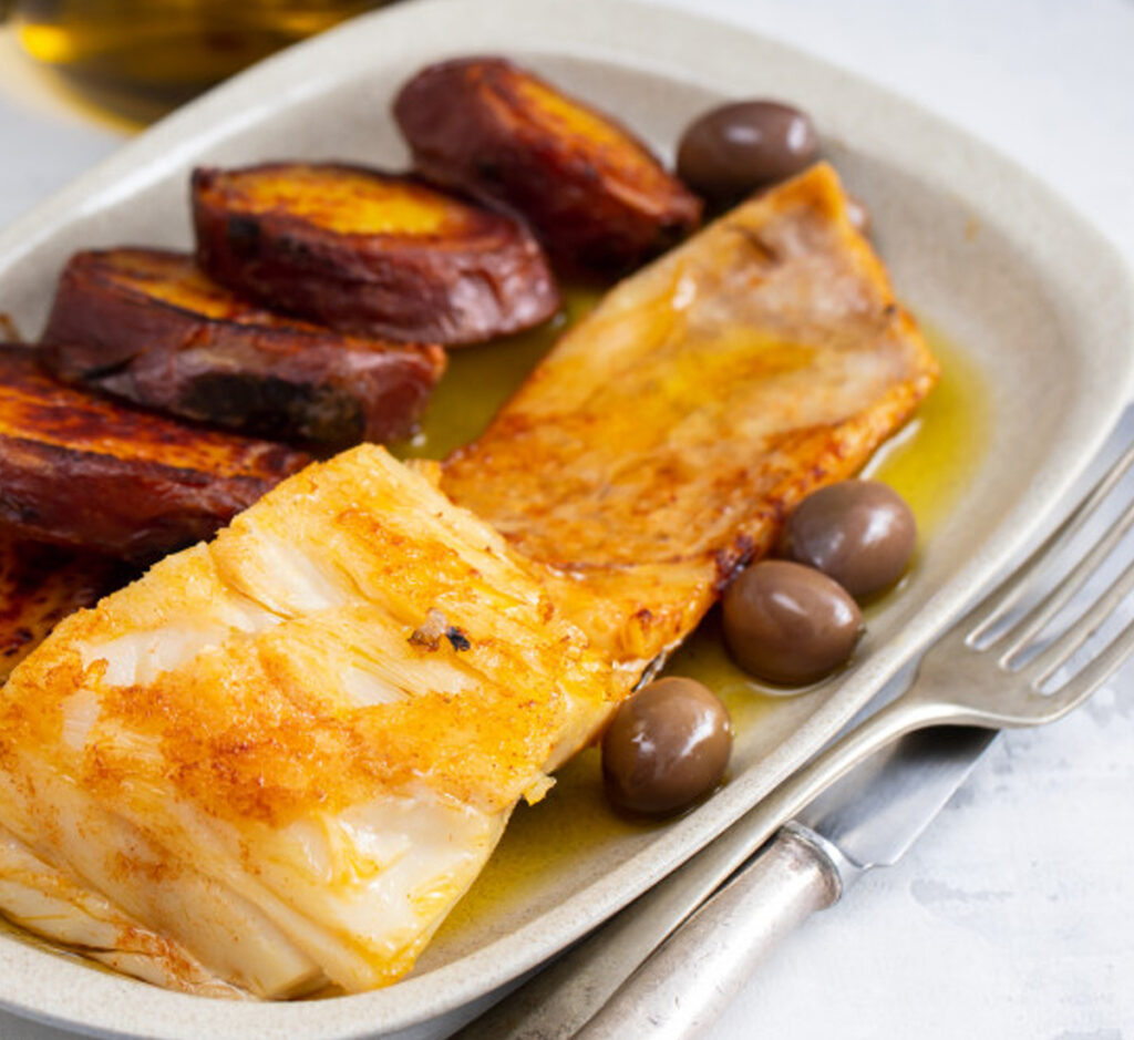 Bacalhau com Azeite Aromatizado e Batata Doce