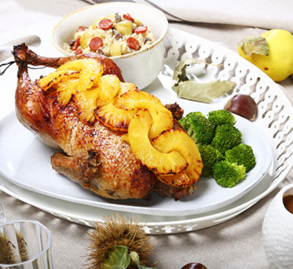 Pato no forno com arroz de miúdos e castanhas