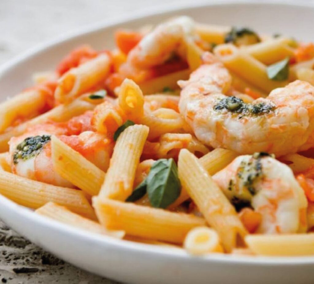Macarronete no Tacho com Camarão, Cogumelos e Curgette