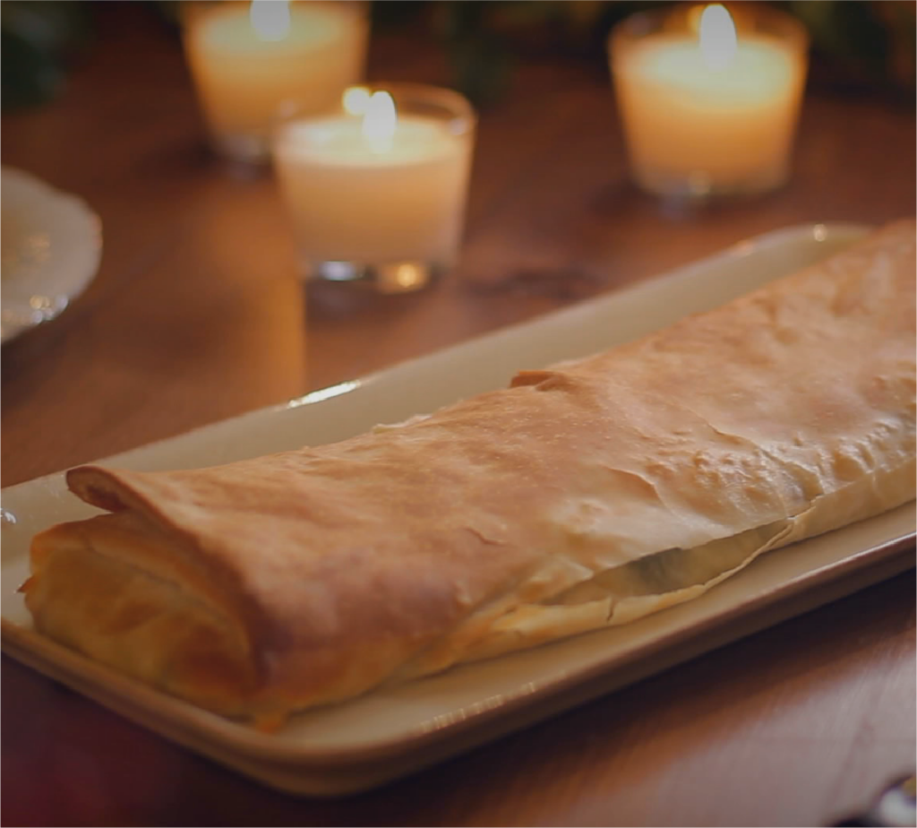 Strudel de bacalhau e couve com chouriço
