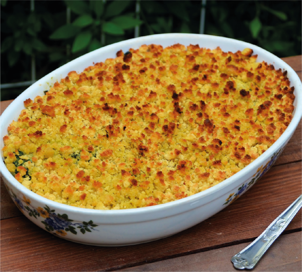 Bacalhau gratinado com abóbora e broa de milho