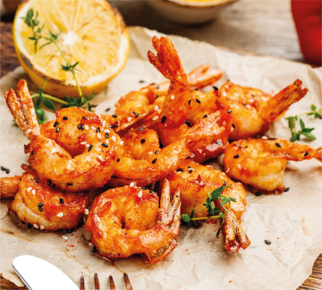 Camarões grelhados com molho picante