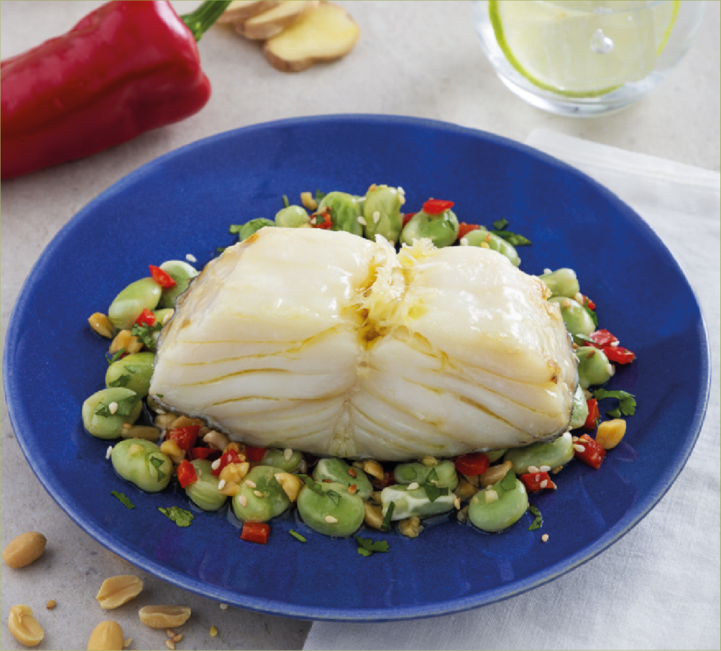 Bacalhau Confitado com Favinhas ao Gengibre e Coentros