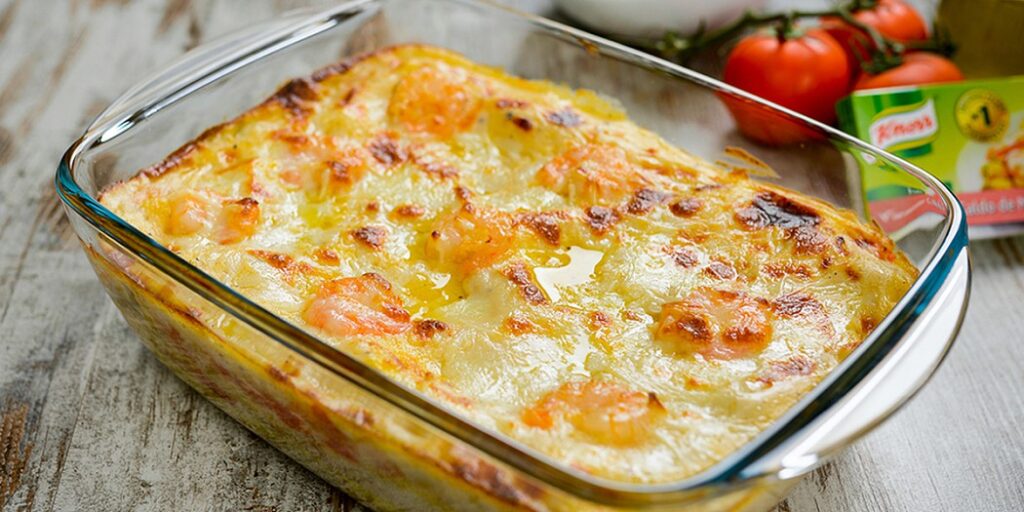 Lasanha de bacalhau com camarão