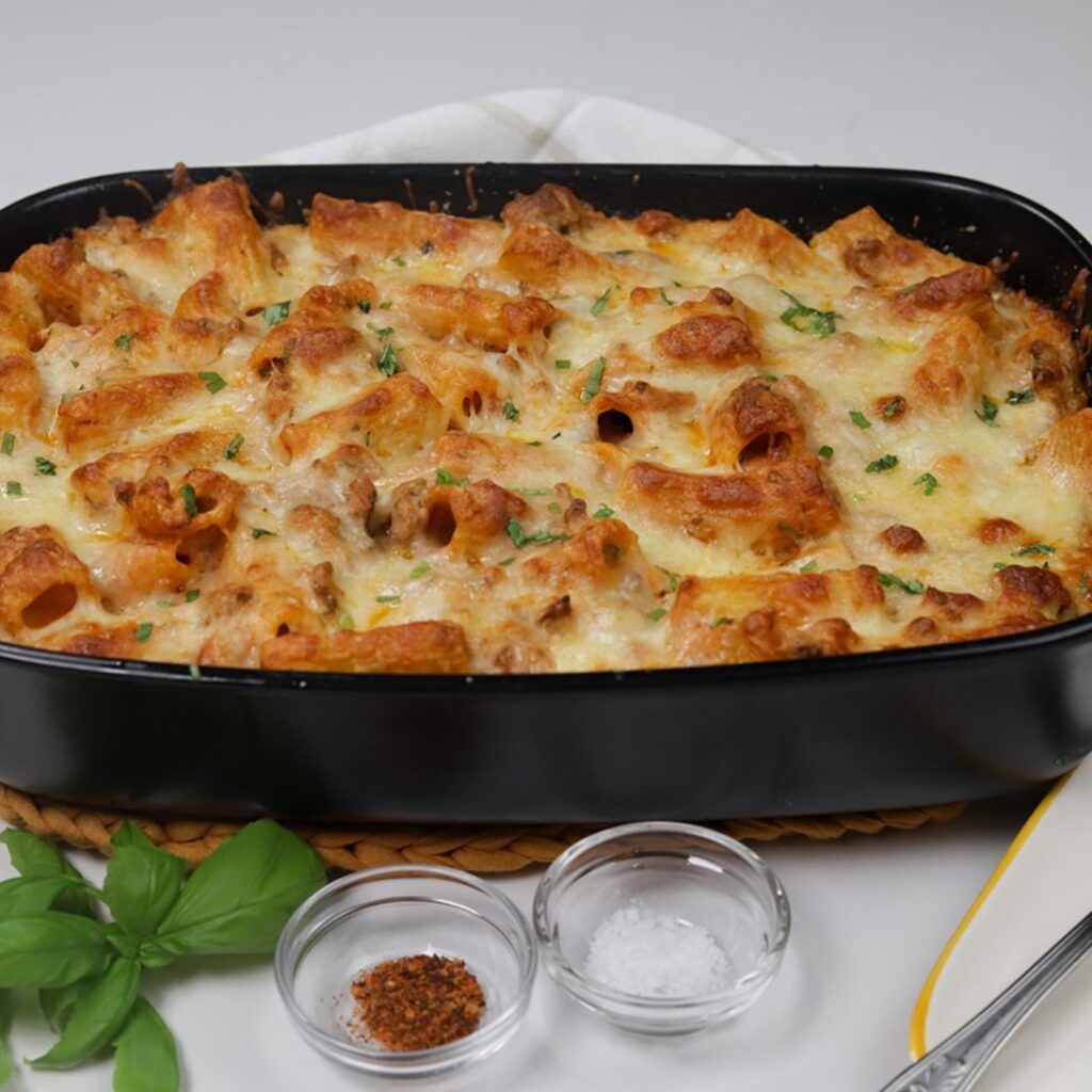 Macarrão com Carne Picada, Molho de Tomate e 3 Queijos