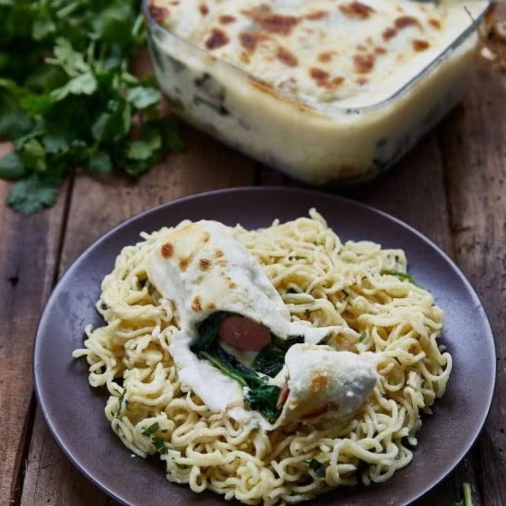 Salsichas Enroladas com Noodles Pasta Oriental