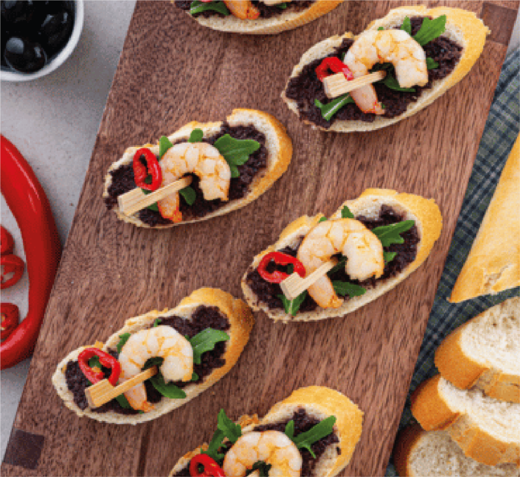 Pinchos de Camarão e Pesto de Azeitonas