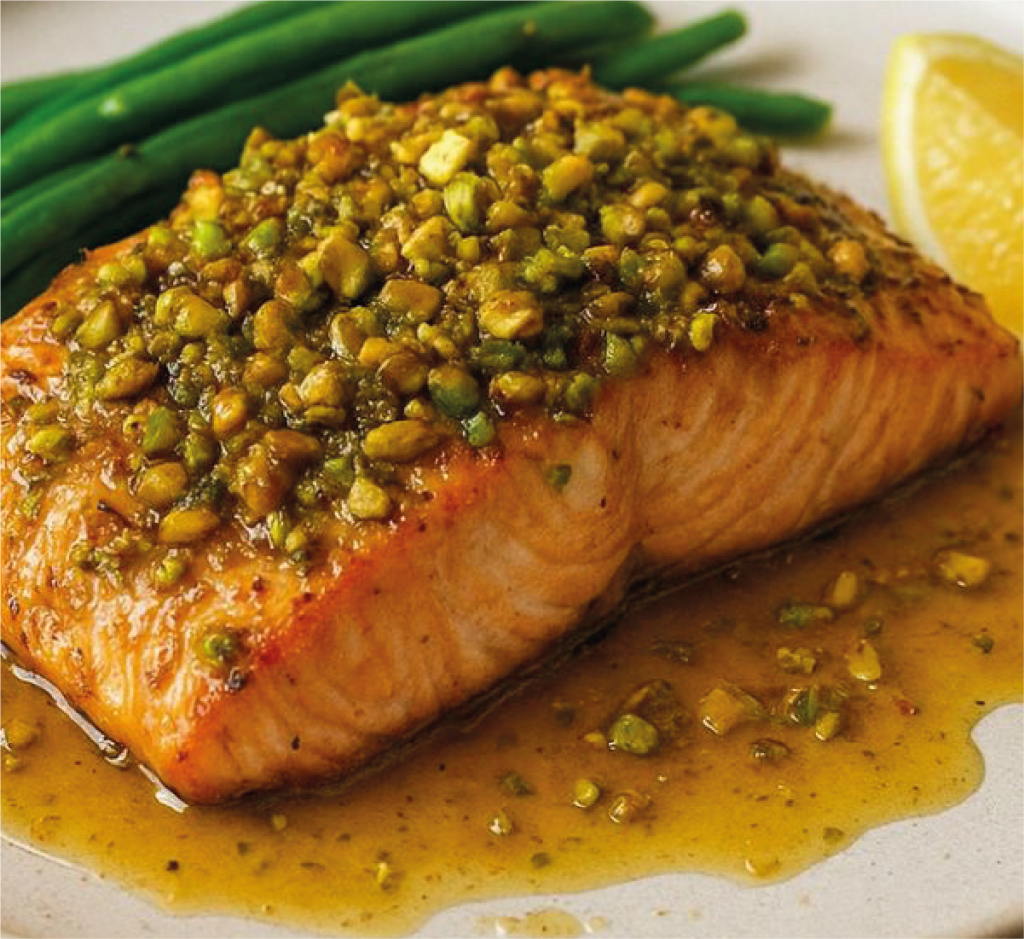 Salmão Grelhado com Crosta de Pistáchio, Mel e Gengibre