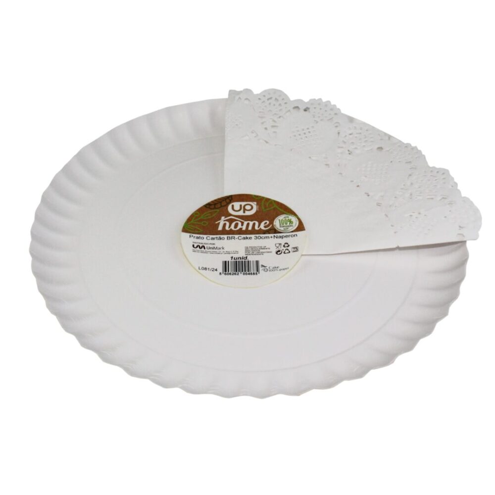Prato Cartão Branco Cake 30cm + Naperon UP Home