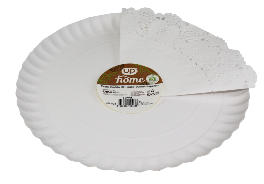 Prato Cartão Branco Cake 30cm + Naperon UP Home 1un