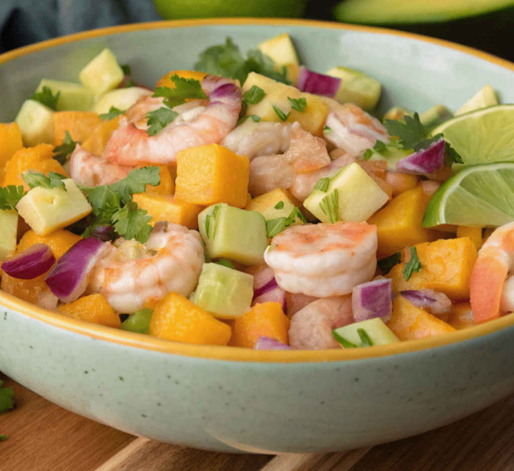 Salada Tropical com Camarão e Frutas Frescas