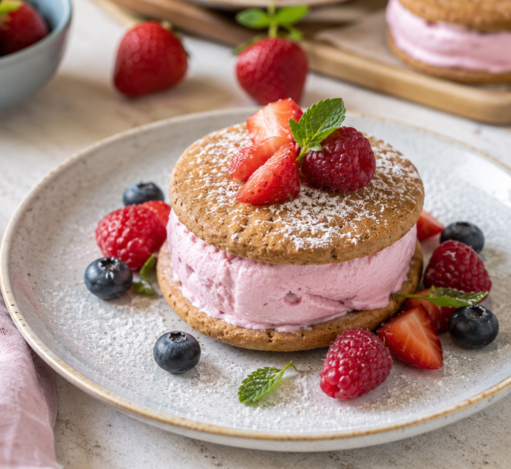 Sanduíche de Gelado de Morango com Bolacha e Frutos Vermelhos